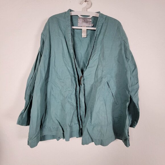 Cheyenne Womens Teal 100% Linen Jacket L/XL Lightweight Wooden Button Pocket - Picture 1 of 11